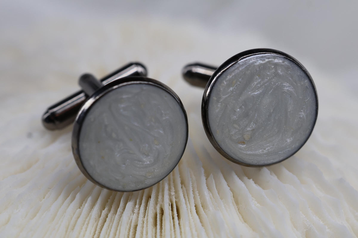 Cremation Cufflinks, Pearl White Round Memorial Jewelry with Pearl Effect Ashes