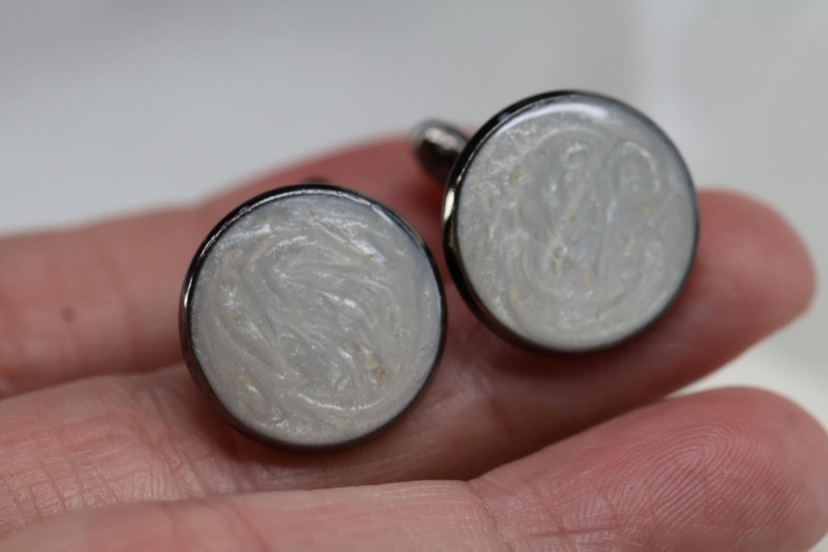 Cremation Cufflinks, Pearl White Round Memorial Jewelry with Pearl Effect Ashes