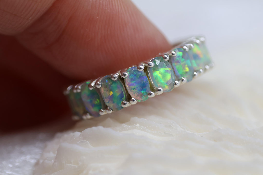 Cremation Ashes Opal Eternity Ring, Fire Opal Cremains Ring, Pet Ashes Ring