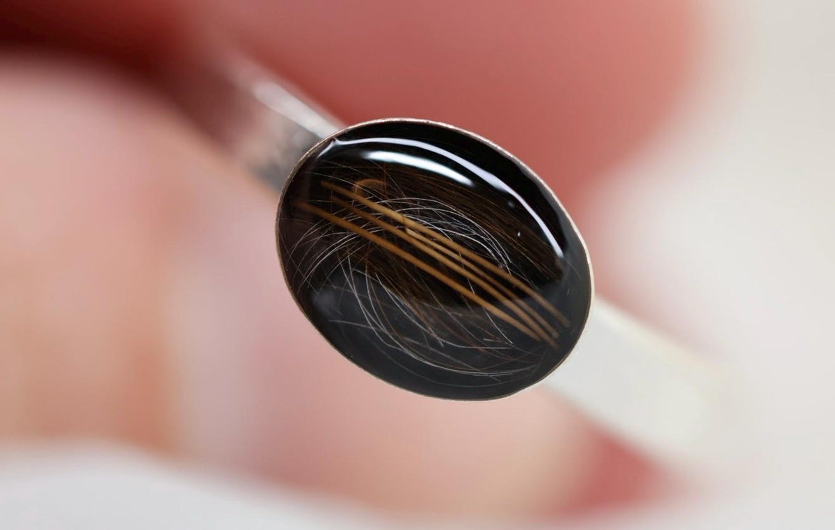 Pet Fur or Hair Sideways Oval Memorial Ring – East-West Ring- Wide Band Ring