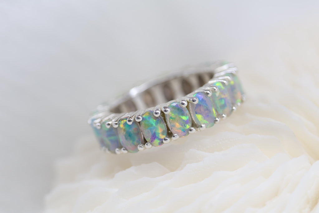 Cremation Ashes Opal Eternity Ring, Fire Opal Cremains Ring, Pet Ashes Ring