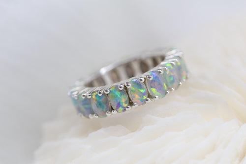 Cremation Ashes Opal Eternity Ring, Fire Opal Cremains Ring, Pet Ashes Ring