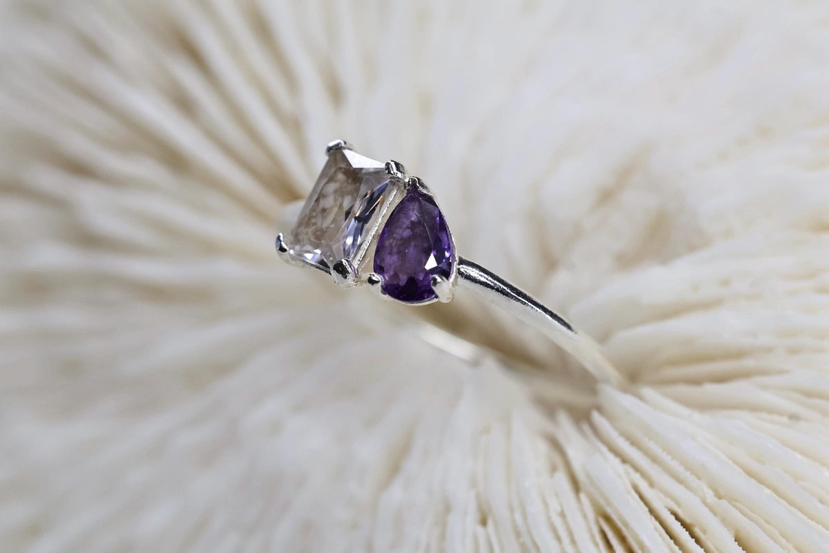 Toi et Moi Cremation Ashes Birthstone Ring, Emerald and Pear Cut Stones