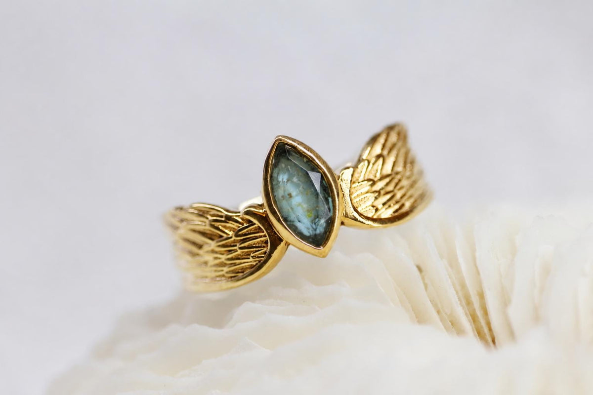 Cremation Ashes Ring, Angel Wing Blue Topaz Ring