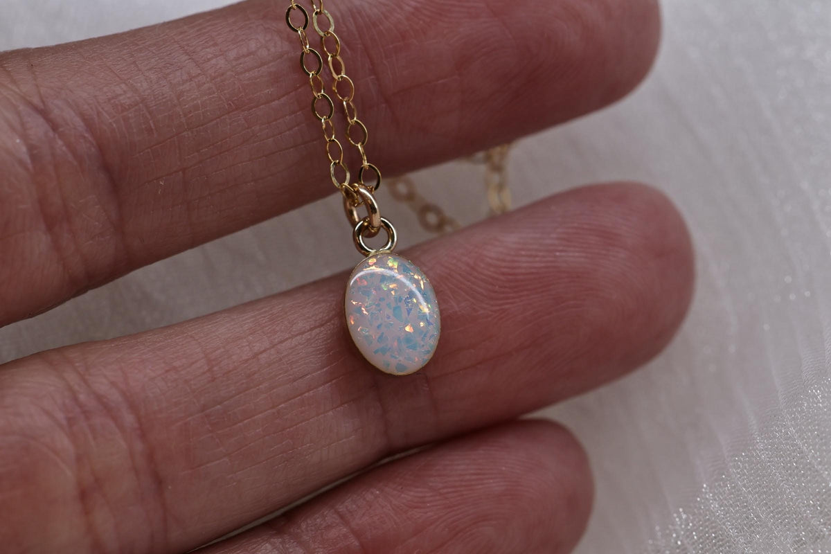 Small Oval Cremation Necklace – White Opal Memorial Stone