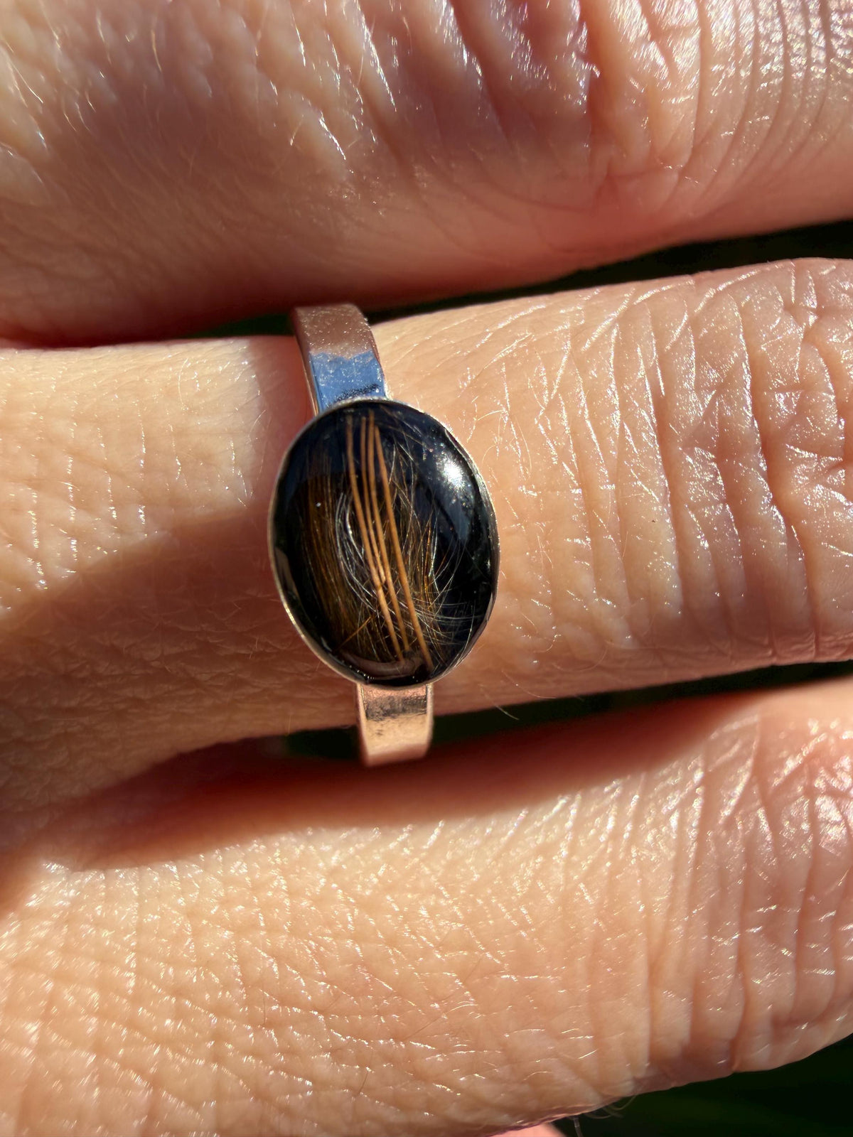 Pet Fur or Hair Sideways Oval Memorial Ring – East-West Ring- Wide Band Ring