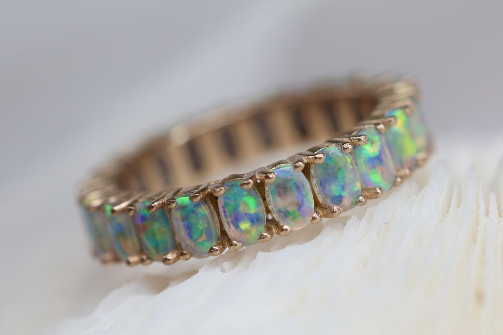 Cremation Ashes Opal Eternity Ring, Fire Opal Cremains Ring, Pet Ashes Ring