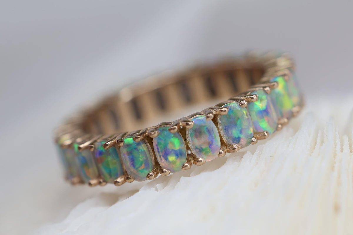 Cremation Ashes Opal Eternity Ring, Fire Opal Cremains Ring, Pet Ashes Ring
