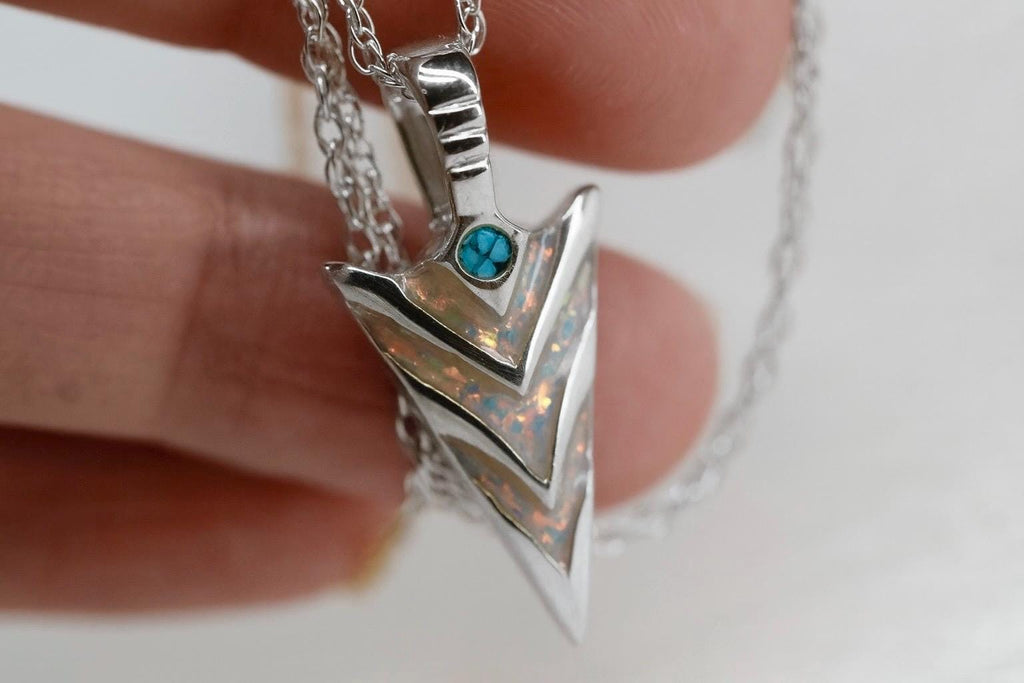 Cremation Ashes Arrowhead Necklace – Ashes Memorial Jewelry with Turquoise & Opal