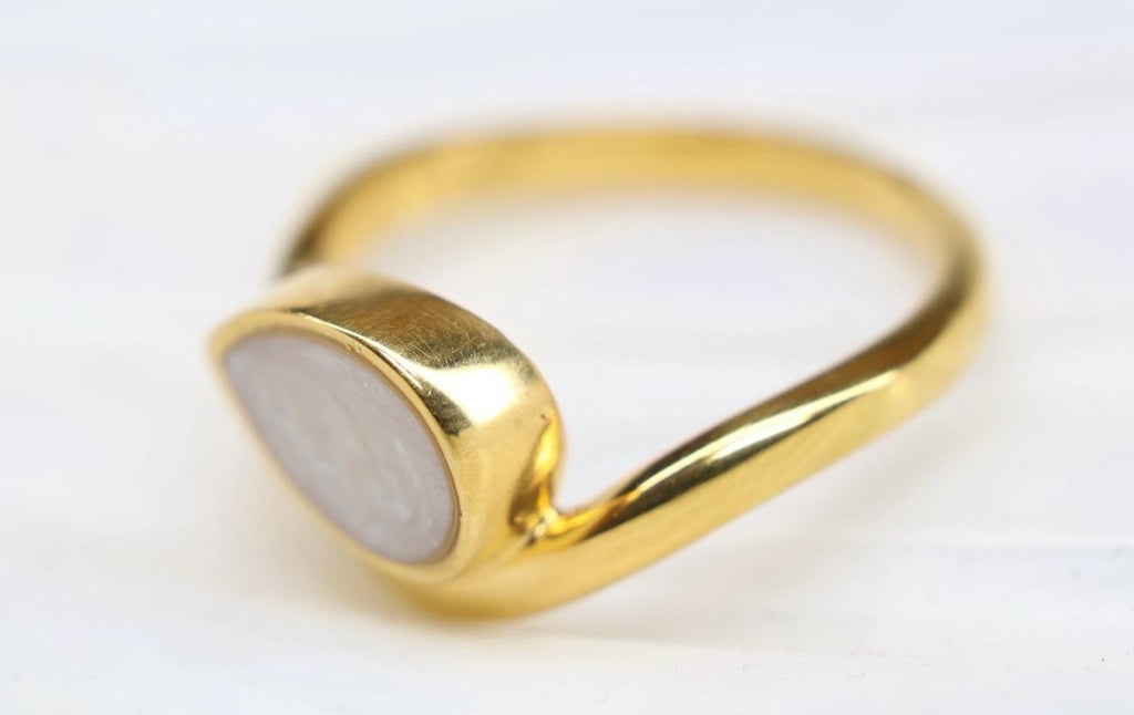 Cremation East West Pear Bezel Ring, Thick Curved Band Memorial Ring