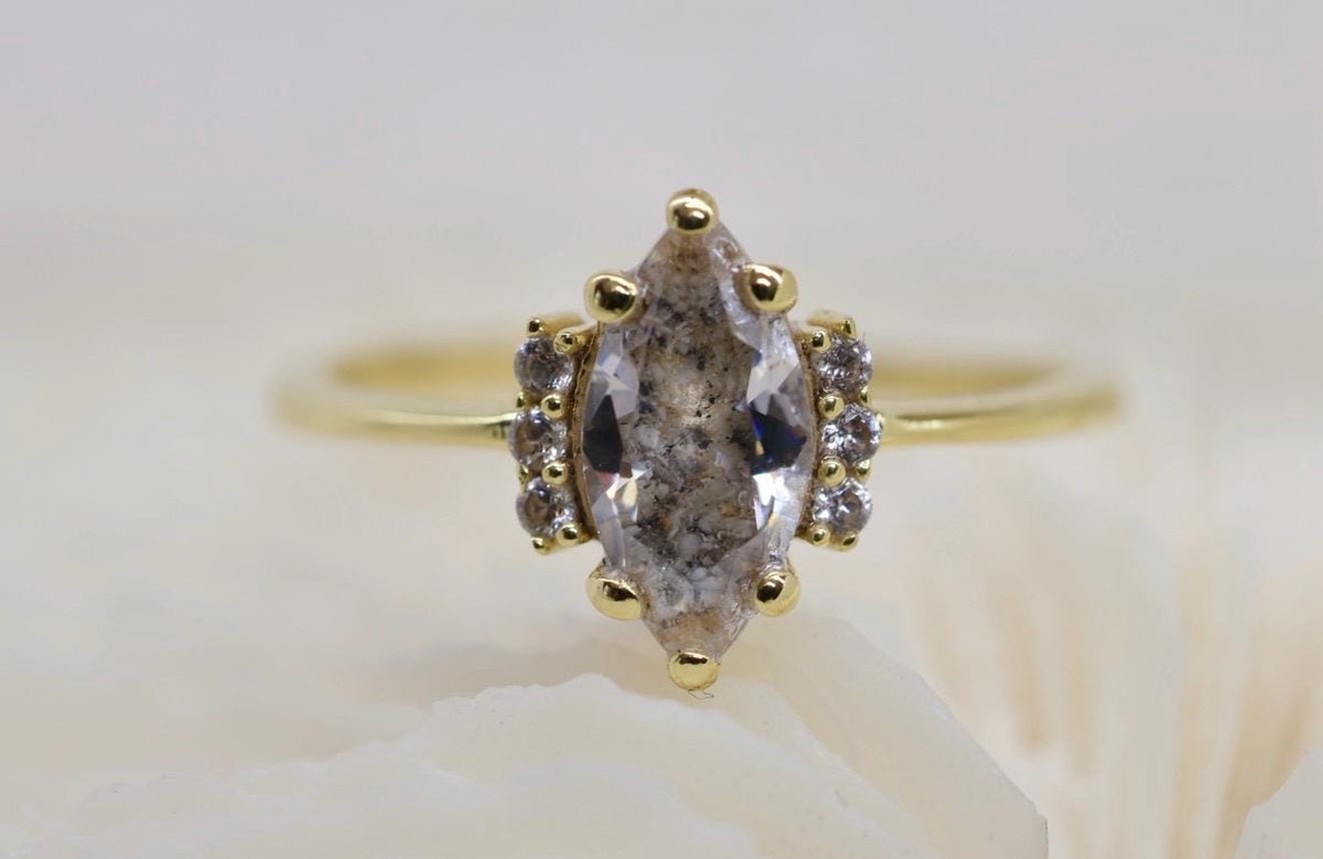 Solid Gold Cremation Ashes Ring, CZ Marquise Memorial Jewelry