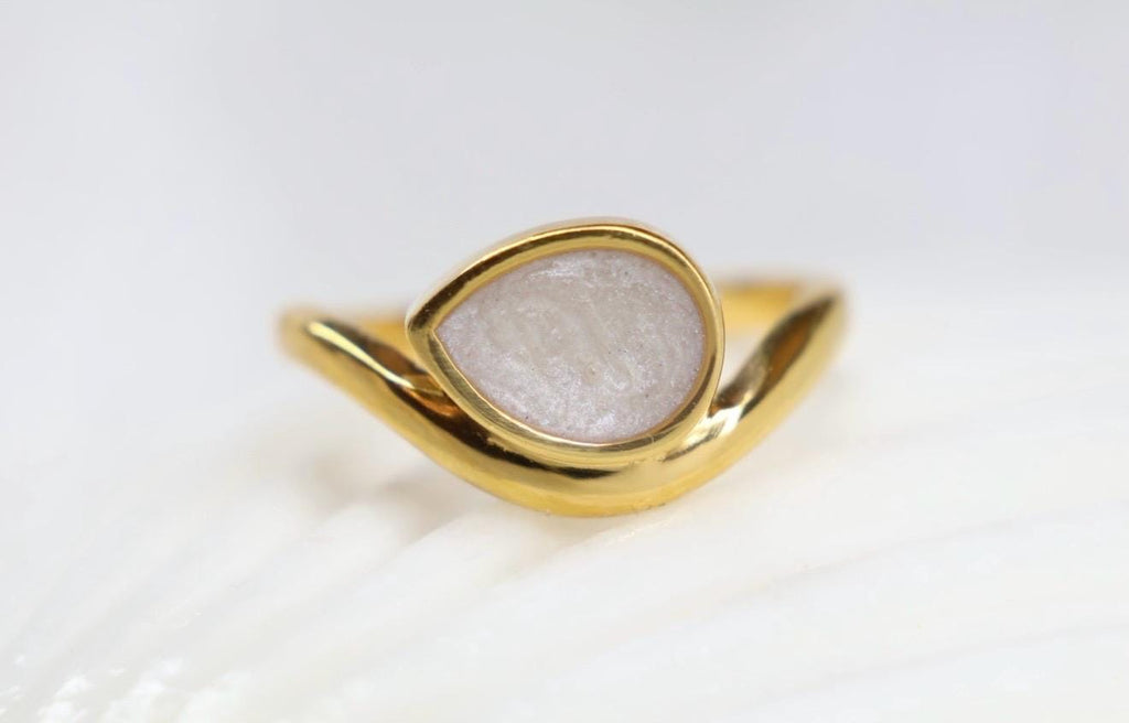 Cremation East West Pear Bezel Ring, Thick Curved Band Memorial Ring