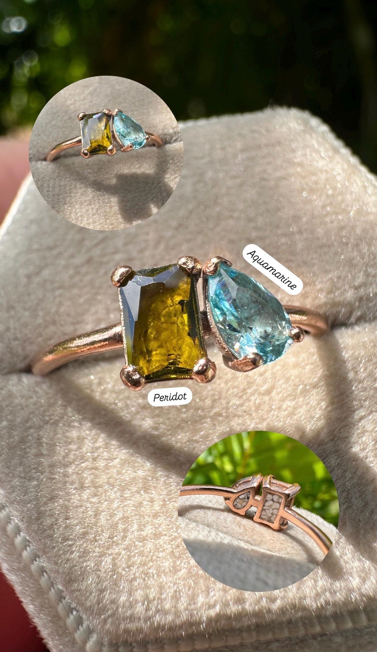 Toi et Moi Cremation Ashes Birthstone Ring, Emerald and Pear Cut Stones