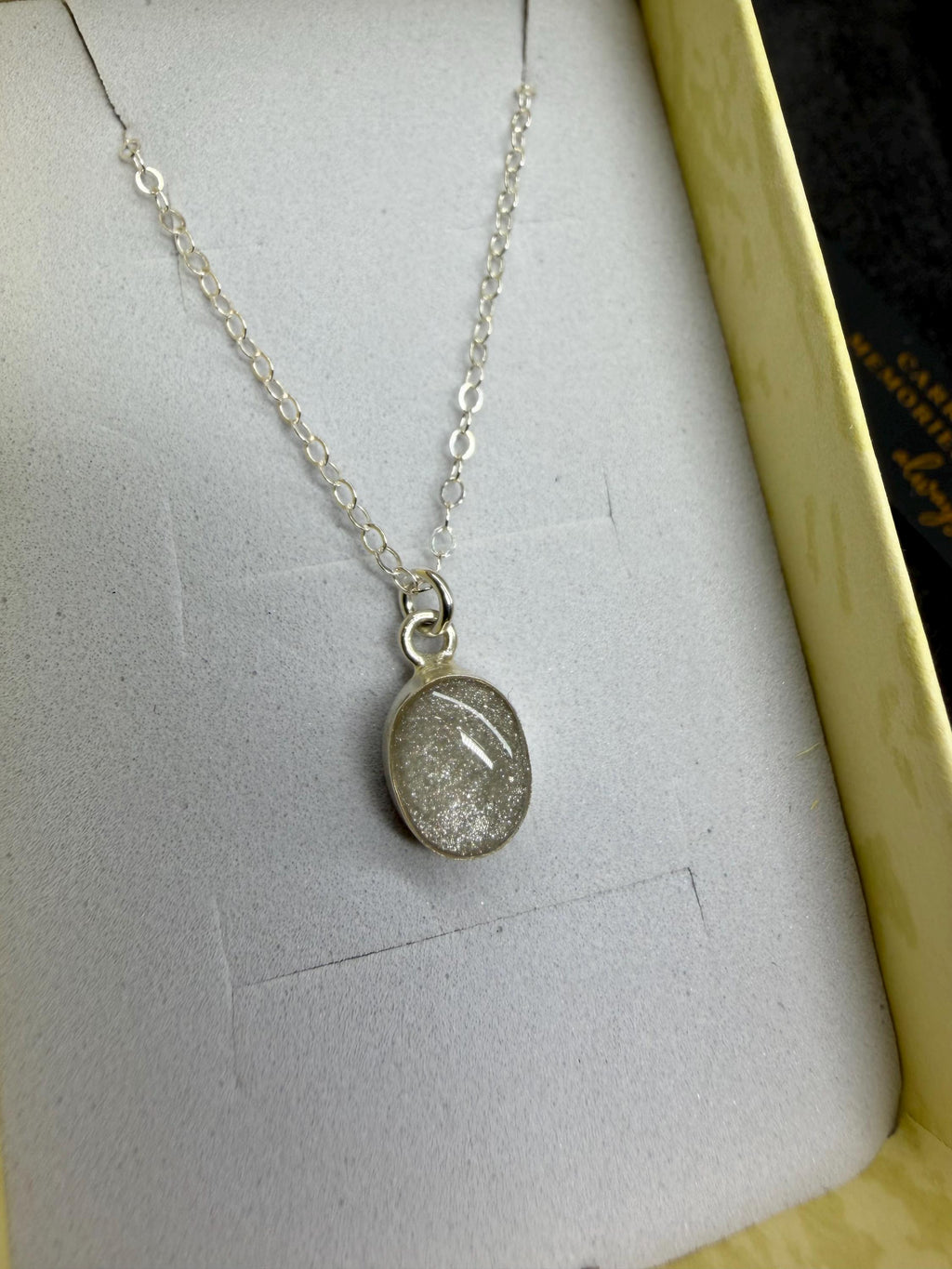 Dainty Cremation Necklace, White Oval Stone Ashes Jewelry