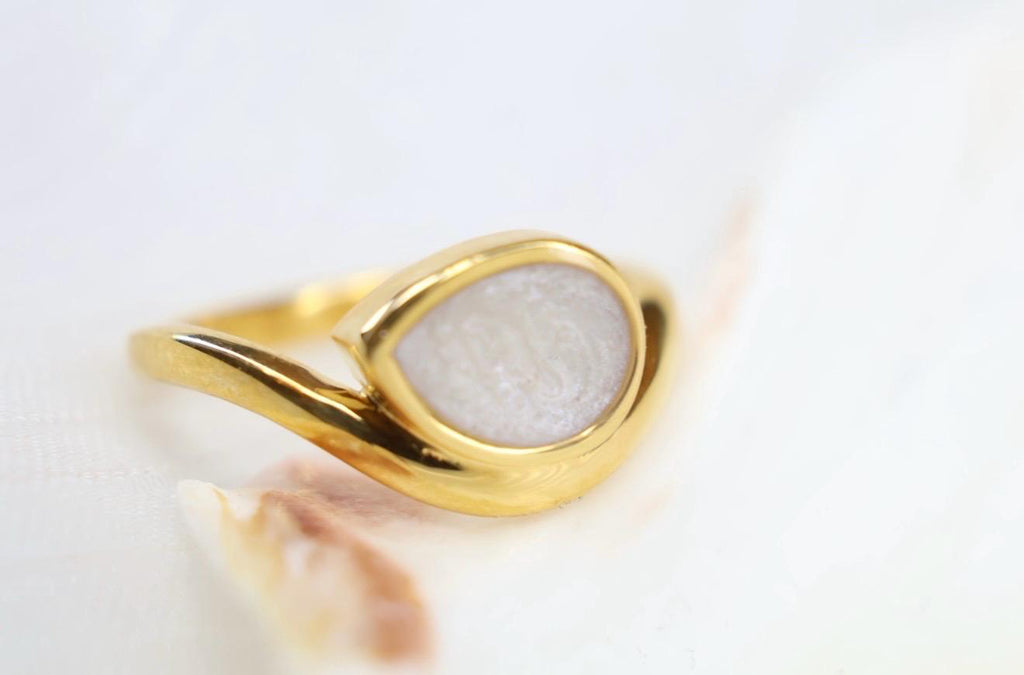 Cremation East West Pear Bezel Ring, Thick Curved Band Memorial Ring