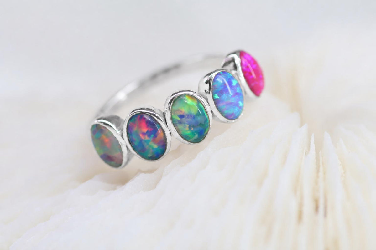 Ombré Opal Cremation Ring, Half Eternity Band Ashes Keepsake Ring