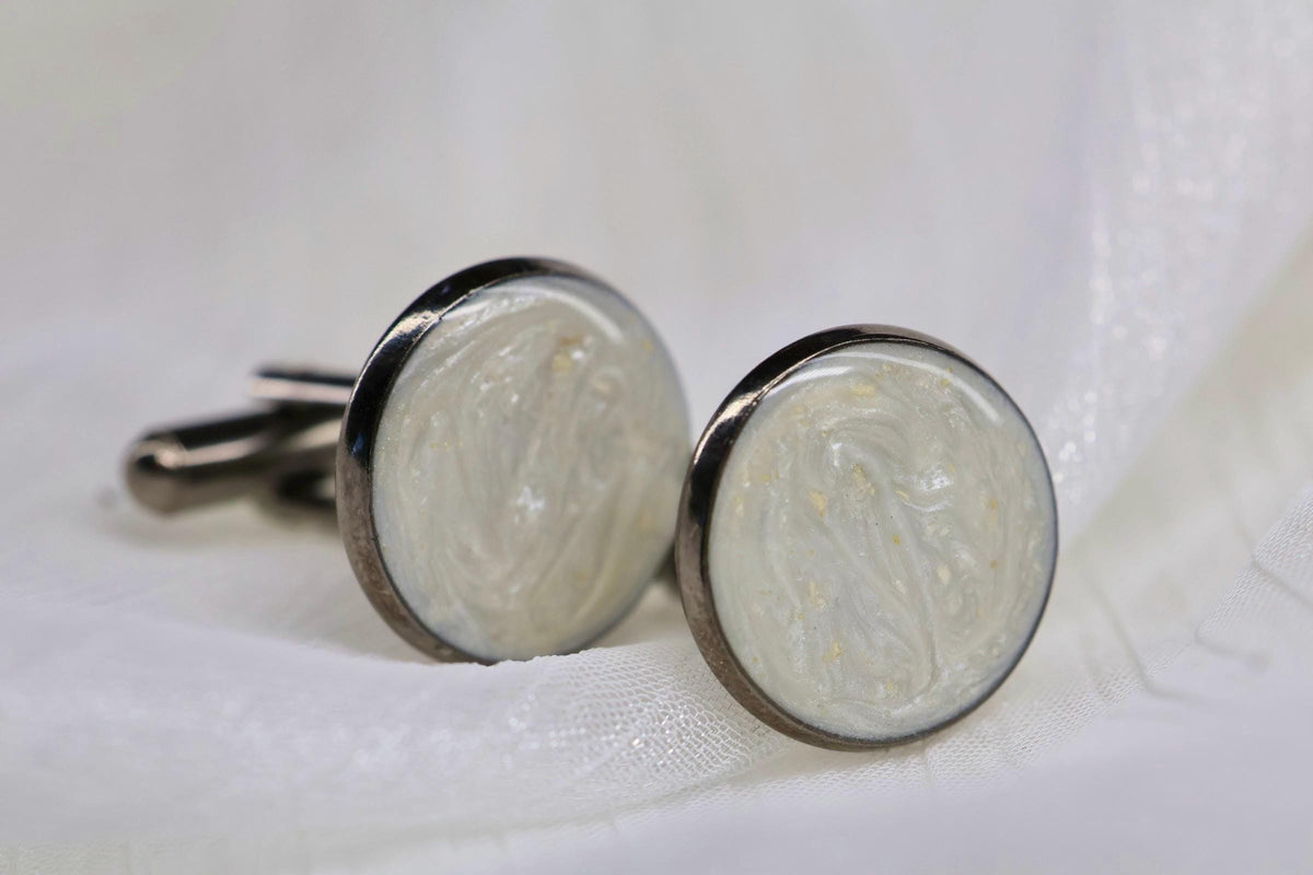 Cremation Cufflinks, Pearl White Round Memorial Jewelry with Pearl Effect Ashes
