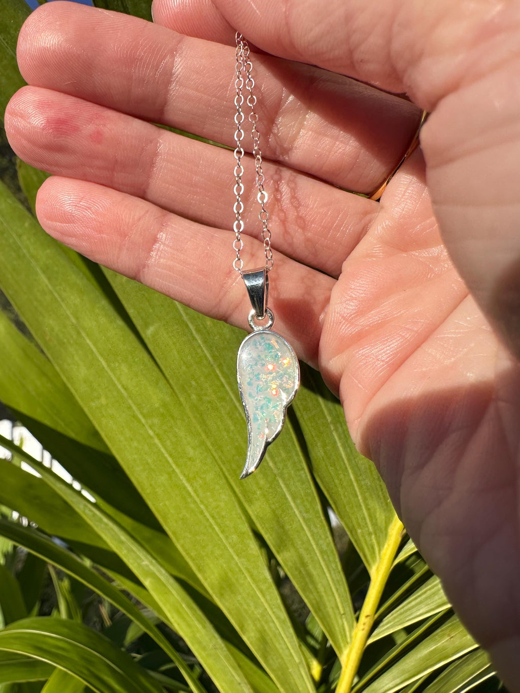 Opal Wing Cremation Necklace, Angel Wing Ashes Keepsake Necklace