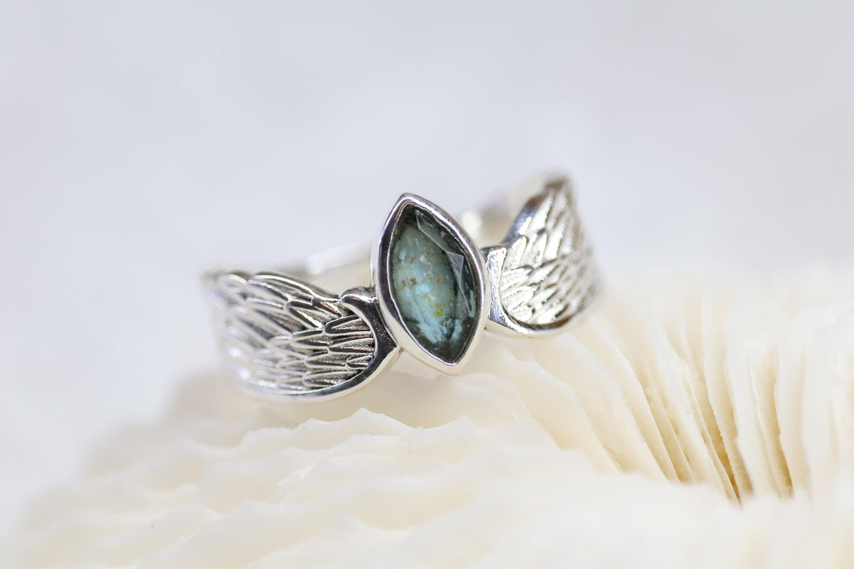 Cremation Ashes Ring, Angel Wing Blue Topaz Ring