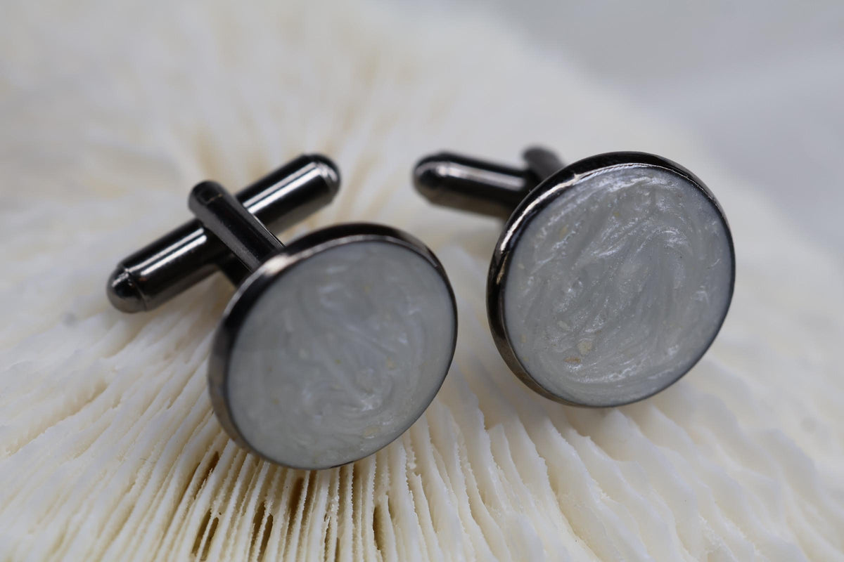 Cremation Cufflinks, Pearl White Round Memorial Jewelry with Pearl Effect Ashes