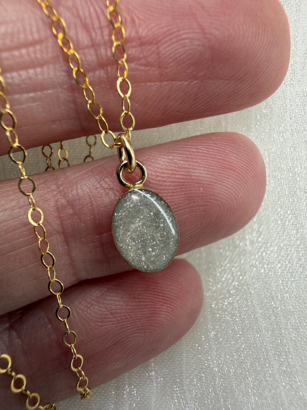Dainty Cremation Necklace, White Oval Stone Ashes Jewelry