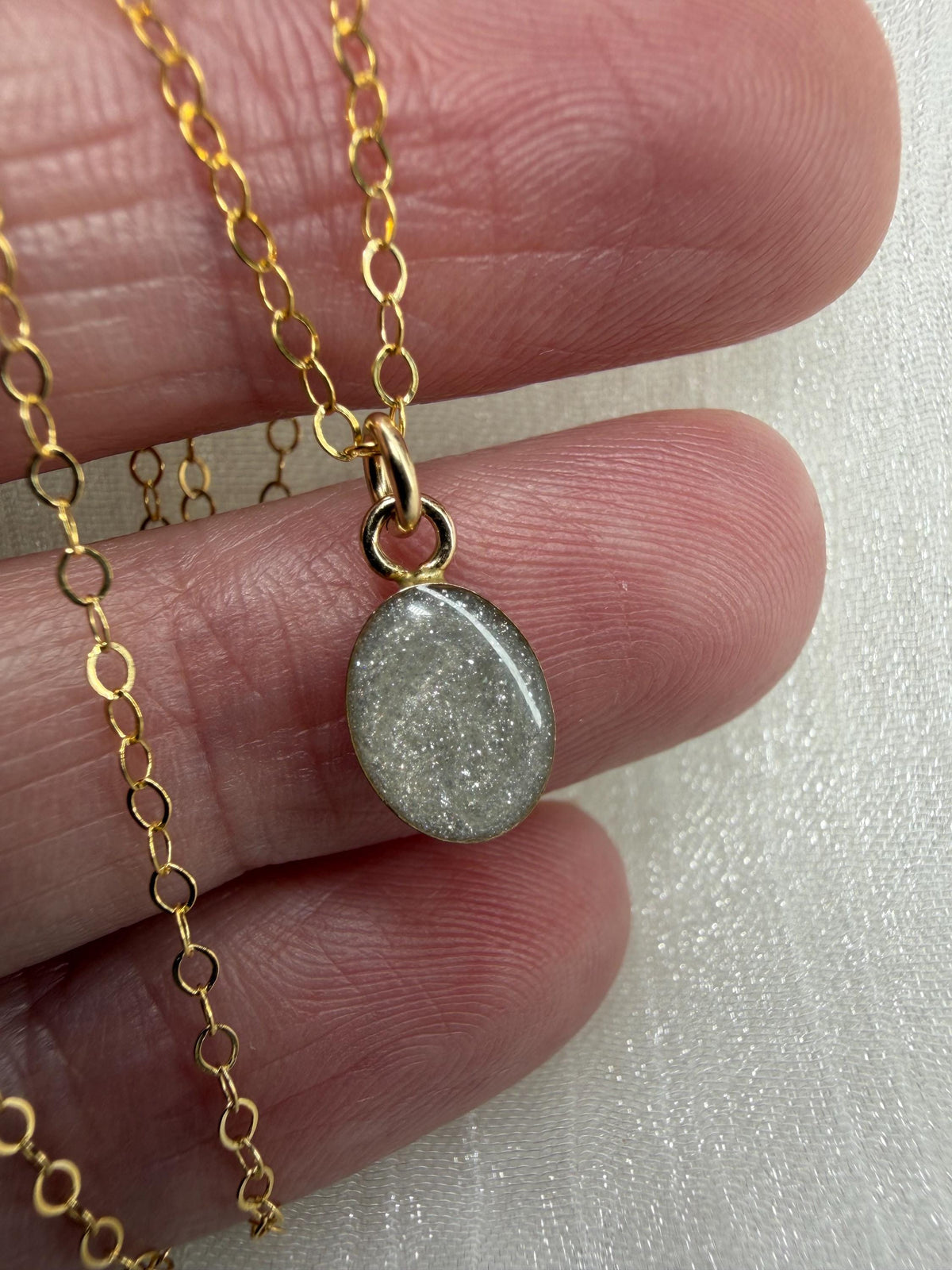 Dainty Cremation Necklace, White Oval Stone Ashes Jewelry