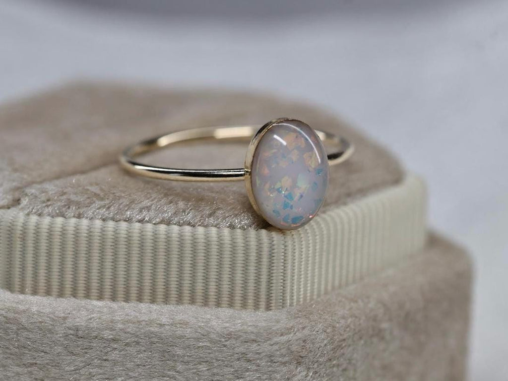 Opal Cremation Ring, White Opal Oval Ashes Ring