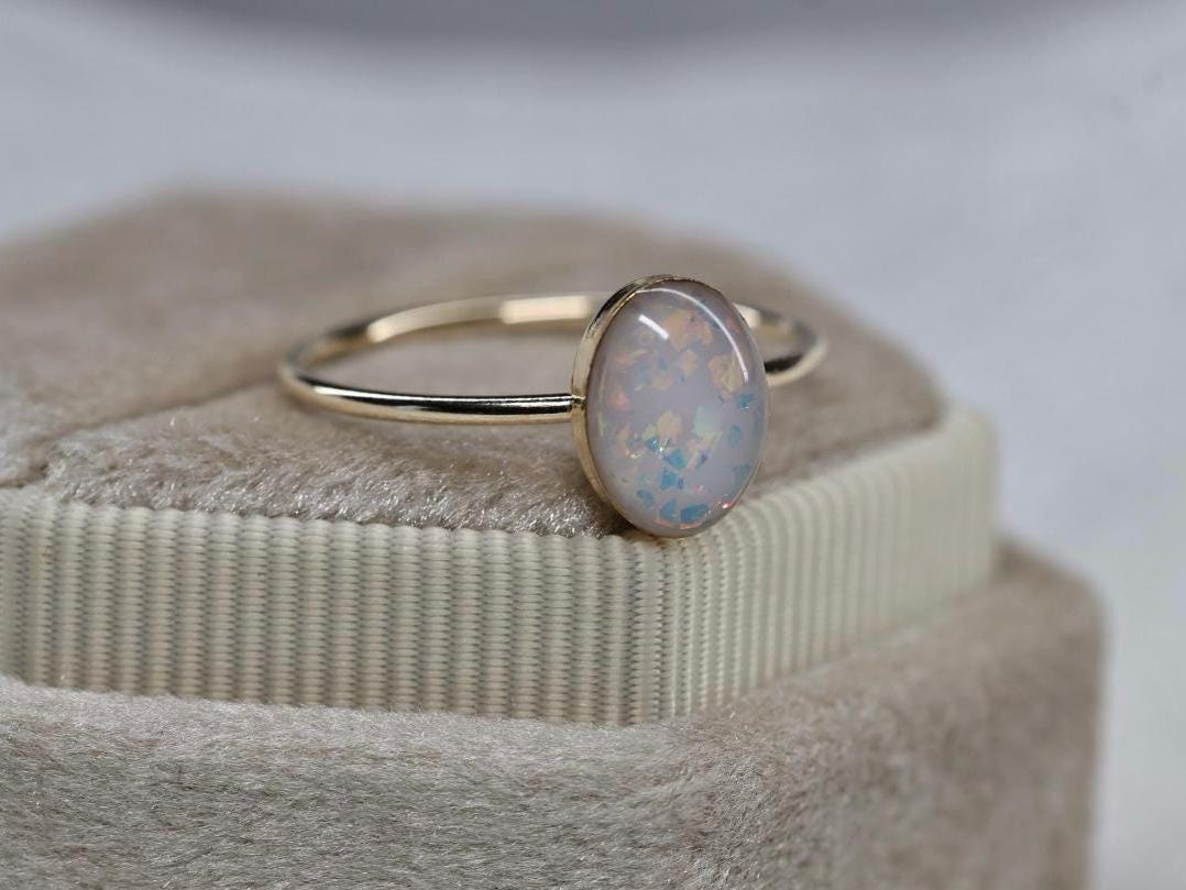 Opal Cremation Ring, White Opal Oval Ashes Ring