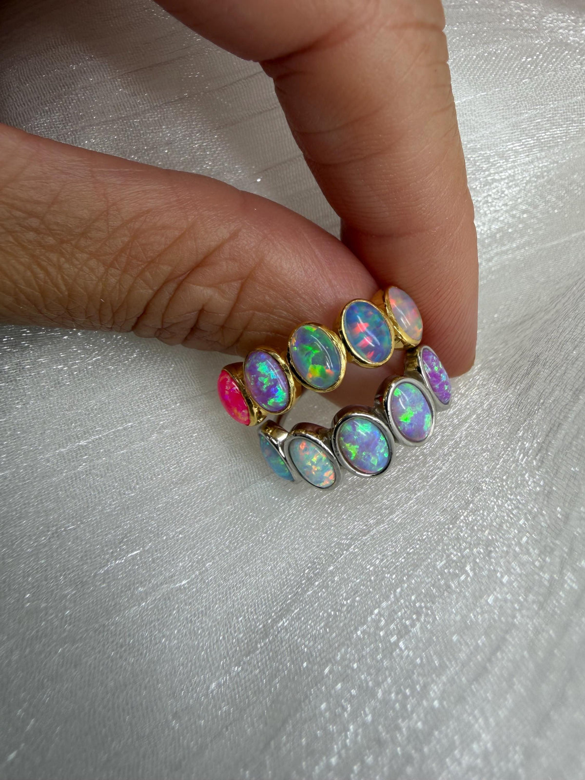Ombré Opal Cremation Ring, Half Eternity Band Ashes Keepsake Ring