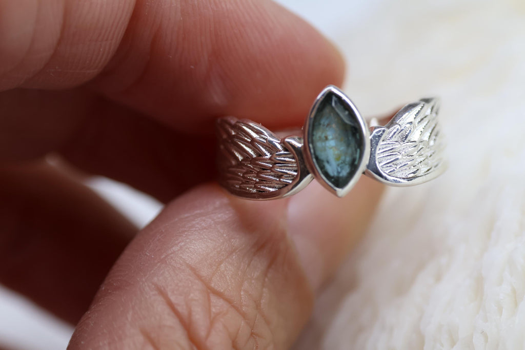 Cremation Ashes Ring, Angel Wing Blue Topaz Ring