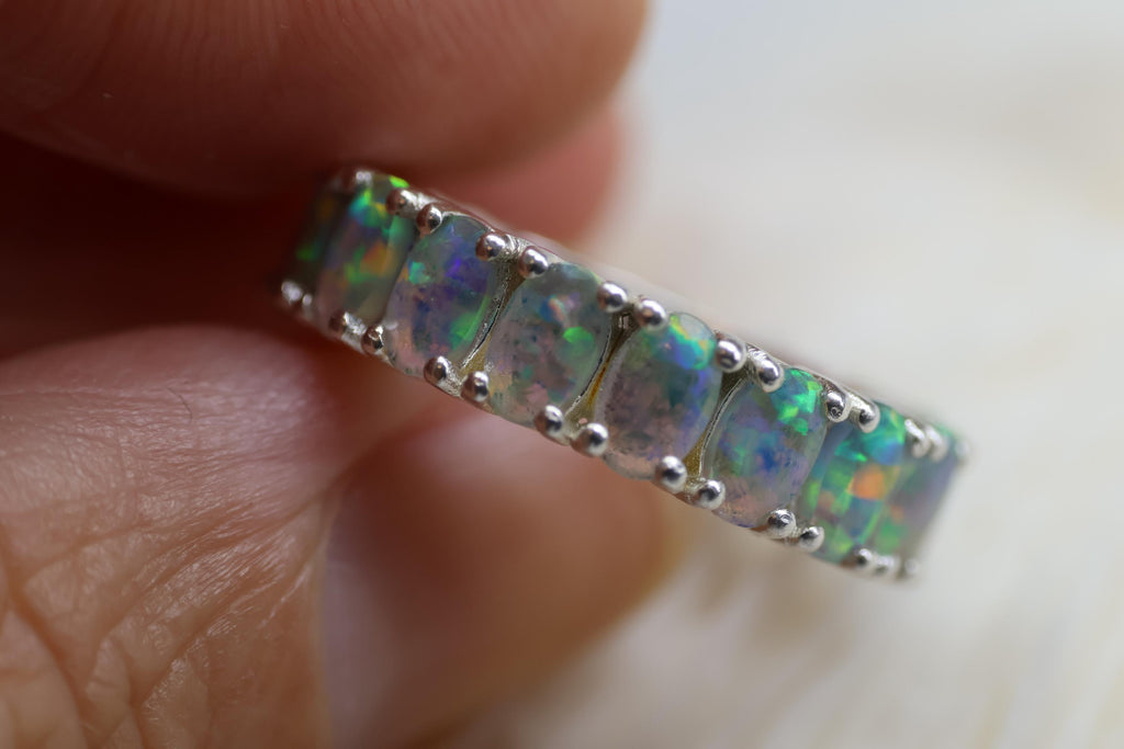 Cremation Ashes Opal Eternity Ring, Fire Opal Cremains Ring, Pet Ashes Ring